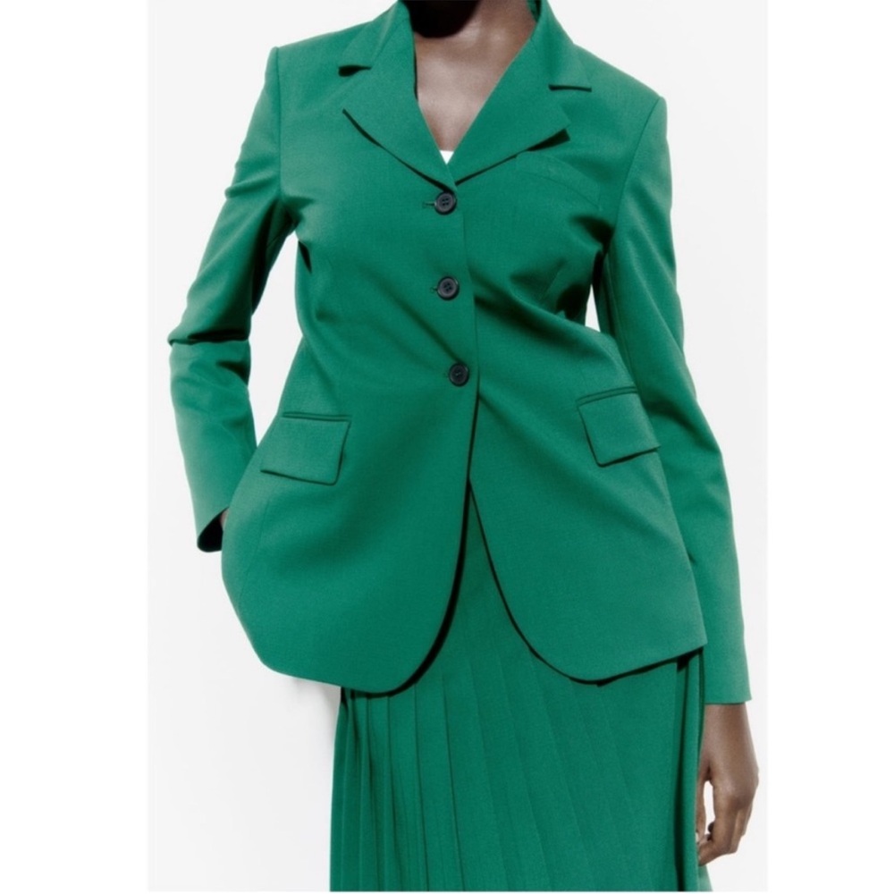 ZARA GREEN STRAIGHT CUT WOOL BLEND BLAZER